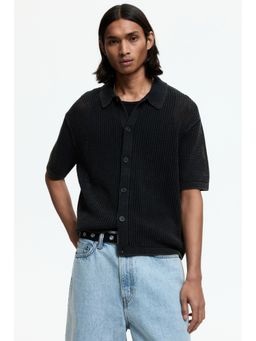 H&M - Men Black Relaxed Fit Hole-Knit Shirt