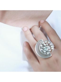 Suhani Pittie - Silver Toned Cyan Acrylic Overlaid Dotted Circle Arc Ring