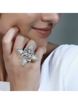 Suhani Pittie - Silver Toned Dotted Rhombus Coiled Cyan Acrylic Triangles Ring