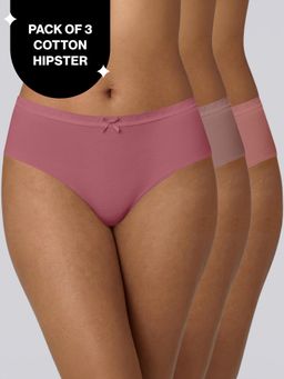 Nykd by Nykaa - PO3 Mid Rise Cotton Hipster Panty with Outer Elastic-NYP391 W Mauve,B Pink,L Rust