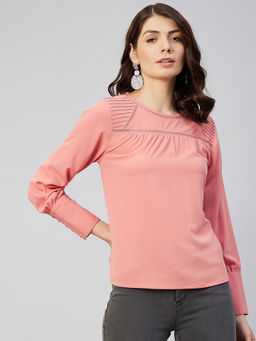 Carlton London - Women Casual Peach Colour Round Neck Solid Regular Top