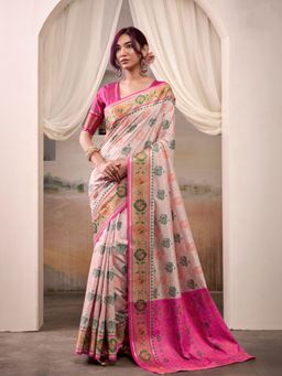Varanga - Beige Urban Pallu Ethnic Motifs Handloom Patola Saree with Unstitched Blouse