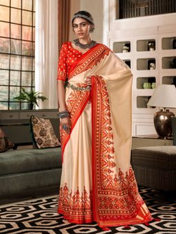 Varanga - Beige Urban Pallu Ethnic Motifs Patola Saree with Unstitched Blouse