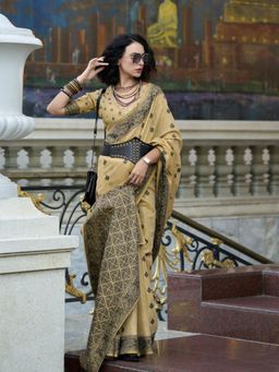 Varanga - Beige Urban Pallu Ethnic Motifs Belted Ikat Saree with Unstitched Blouse