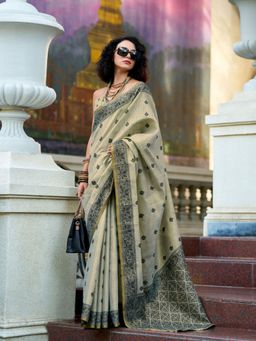 Varanga - Gold Urban Pallu Ethnic Motifs Ikat Saree with Unstitched Blouse
