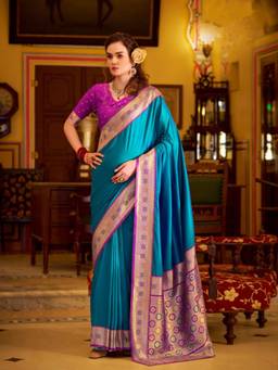 Varanga - Teal Urban Pallu Woven Design Zari Silk Blend Mysore Silk Saree with Unstitched Blouse