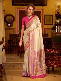 Varanga - Cream Urban Pallu Woven Design Zari Silk Blend Mysore Silk Saree with Unstitched Blouse