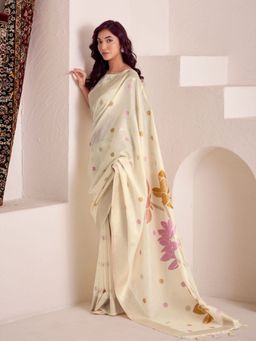 Varanga - Off White Urban Pallu Floral Silk Blend Mysore Silk Saree with Unstitched Blouse