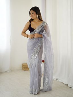 Varanga - Grey Urban Pallu Embellished Sequinned Organza Heavy Work Saree with Unstitched Blouse