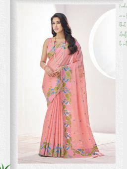 Varanga - Pink Urban Pallu Floral Silk Blend Chanderi Saree with Unstitched Blouse
