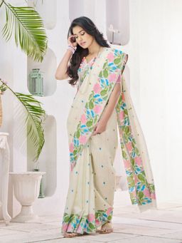 Varanga - Off White Urban Pallu Floral Silk Blend Chanderi Saree with Unstitched Blouse