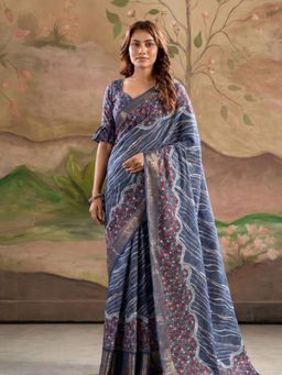 Varanga - Navy Blue Urban Pallu Floral Silk Blend Jamdani Saree with Unstitched Blouse
