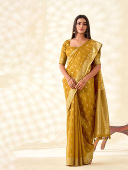 Varanga - Mustard Urban Pallu Paisley Zari Silk Blend Heavy Work Mysore Saree with Unstitched Blouse