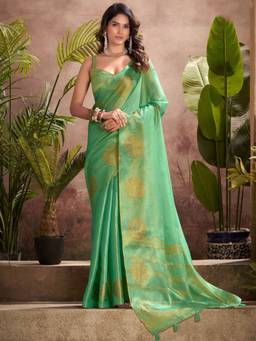 Varanga - Green Urban Pallu Ethnic Motifs Zari Silk Blend Mysore Silk Saree with Unstitched Blouse