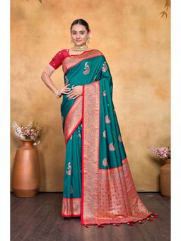 Varanga - Green Urban Pallu Ethnic Motifs Zari Silk Blend Designer Saree with Unstitched Blouse