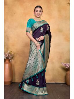 Varanga - Purple Urban Pallu Ethnic Motifs Silk Blend Heavy Work Saree with Unstitched Blouse