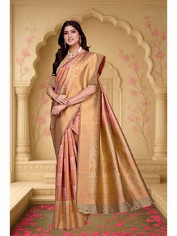 Varanga - Beige Urban Pallu Ethnic Motifs Zari Silk Blend Saree with Unstitched Blouse