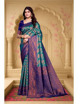 Varanga - Turquoise Urban Pallu Woven Design Zari Silk Blend Heavy Work Saree with Unstitched Blouse