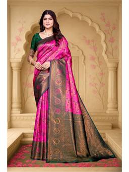 Varanga - Pink Urban Pallu Floral Zari Silk Blend Heavy Work Saree with Unstitched Blouse