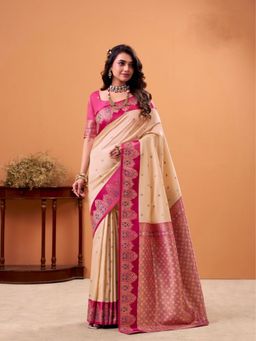Varanga - Cream Urban Pallu Ethnic Motifs Zari Silk Blend Bomkai Saree with Unstitched Blouse
