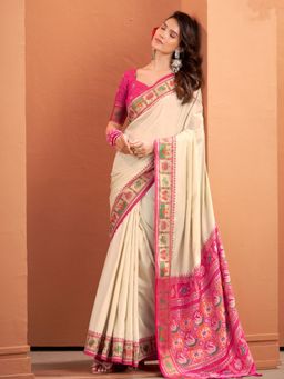 Varanga - Cream Urban Pallu Ethnic Motifs Silk Blend Bomkai Silk Saree with Unstitched Blouse