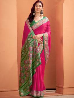Varanga - Pink Urban Pallu Ethnic Motifs Silk Blend Bomkai Silk Saree with Unstitched Blouse