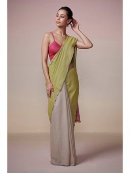 Dressfolk - Handwoven Grey and Green with Pink Handloom 100% Pure Cotton Saree with Tassel Border.