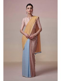 Dressfolk - Hndwoven Blue Light Brown and Yellow Color Block Handloom 100% Pure Cotton Saree with Tassel