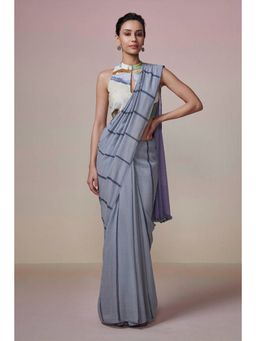 Dressfolk - Handwoven Grey Blue with Blue and Light Purple Palla Handloom 100% Pure Cotton Saree with Tassel