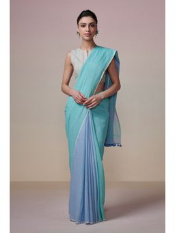 Dressfolk - Handwoven Turquoise and Ink Blue Handloom 100% Pure Cotton Saree with Tassel Border.