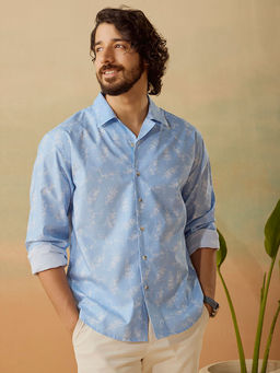 Andamen - Men Blue Casual Cotton Blend Print Relaxed Fit Shirt