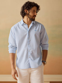 Andamen - Men Blue Casual Cotton Seesucker Relaxed Fit Shirt