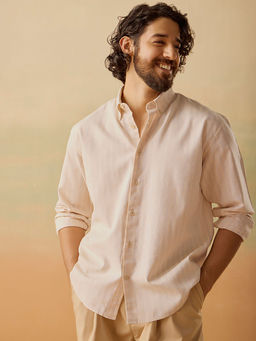 Andamen - Men Beige Casual Cotton Blend Strip Relaxed Fit Shirt