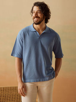 Andamen - Men Blue Casual Cotton Relaxed Fit Polo T-Shirt