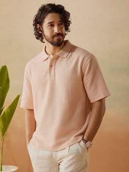 Andamen - Men Peach Casual Cotton Blend Jacquard Relaxed Fit Polo T-Shirt