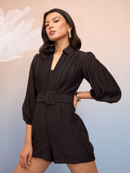 RSVP by Nykaa Fashion - Black Solid Collar Neck Bishop Sleeves Short Playsuit (Set of 2)