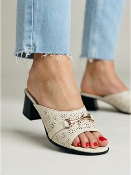 Carlton London - Women Cream Laser-Cut -Toe Block Heels