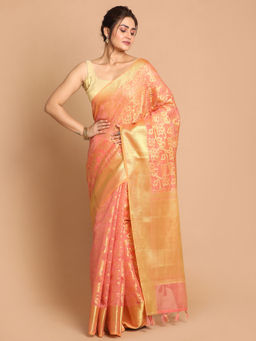Indethnic - Banarasi Pink Woven Design Daily Wear Saree With Unstitched Blouse