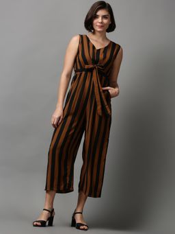 SHOWOFF - Womens V-neck Sleeveless Brown Striped Jumpsuit