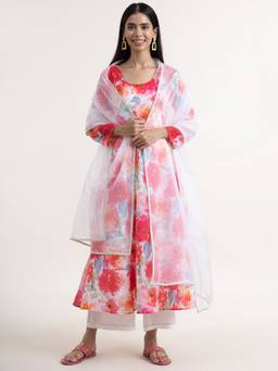 Pink Fort - Chanderi Floral Palazzo with Dupatta Pink and White (Set of 3)