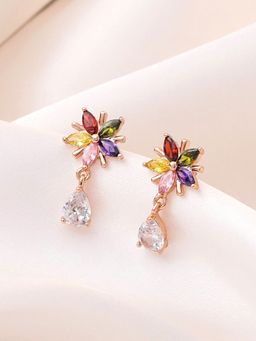 Yellow Chimes - Multicolor Swiss Zircon Rose Gold Plated Floral Shaped Drop Earrings
