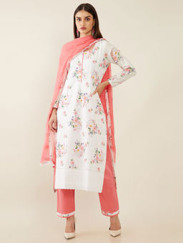 Soch - White Machine Embroidery Cotton Unstitched Dress Material ( Set of 3 )