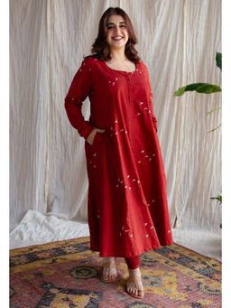 The Indian Ethnic Co. - Red A-Line Ajrakh Print Cotton Kurta