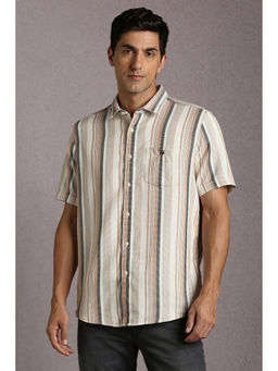 Louis Philippe - Men Beige Stripe Half Sleeves Casual Shirt