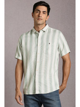 Louis Philippe - Men Green Stripe Half Sleeves Casual Shirt