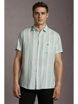Louis Philippe - Men Green Stripe Half Sleeves Casual Shirt