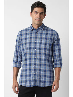 Peter England - Men Blue Check Full Sleeves Casual Shirt