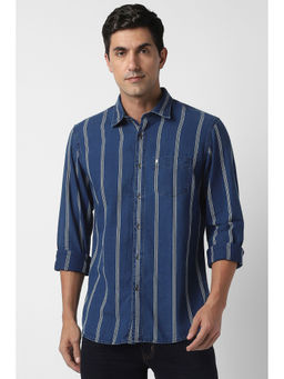 Peter England - Men Navy Stripe Full Sleeves Casual Shirt