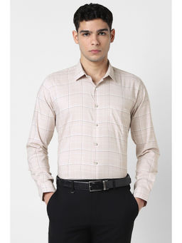 Van Heusen - Men Beige Check Full Sleeves Formal Shirt