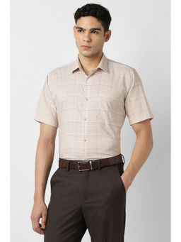 Van Heusen - Men Beige Check Half Sleeves Formal Shirt
